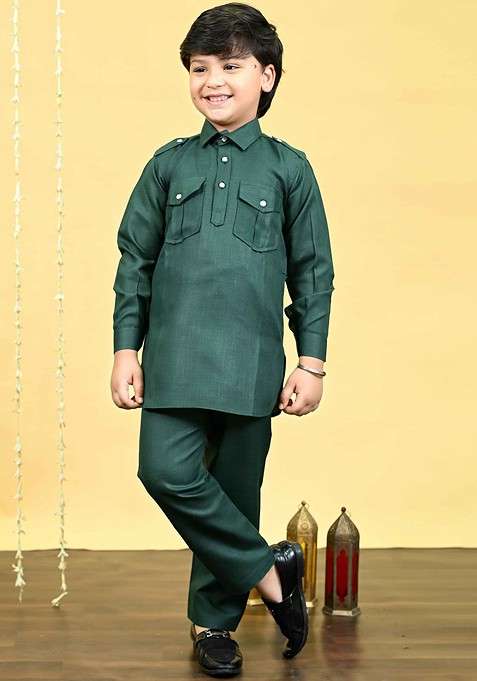 Green Embroidered Blended Kurta Set For Boys
