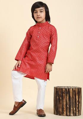 Maroon Printed Blended Kurta Set For Boys