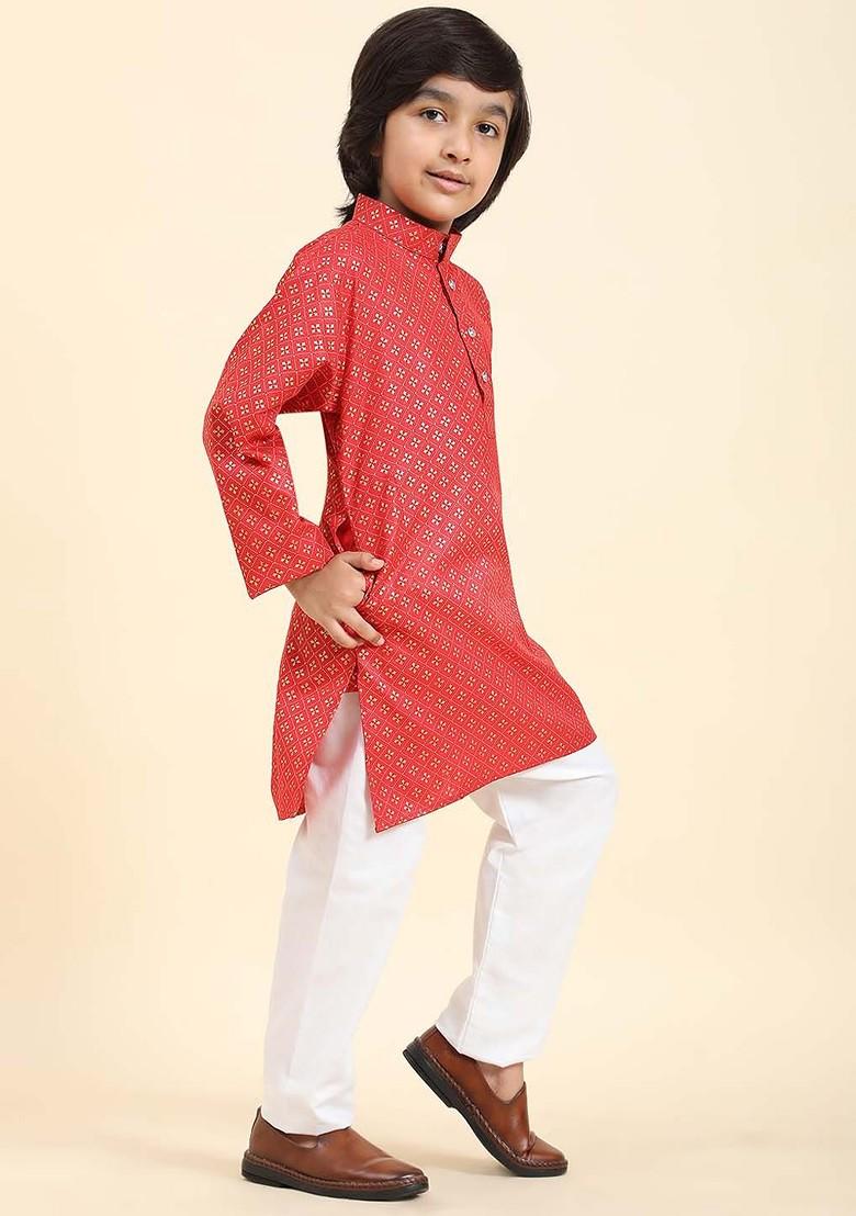 Maroon Printed Blended Kurta Set For Boys - Indya