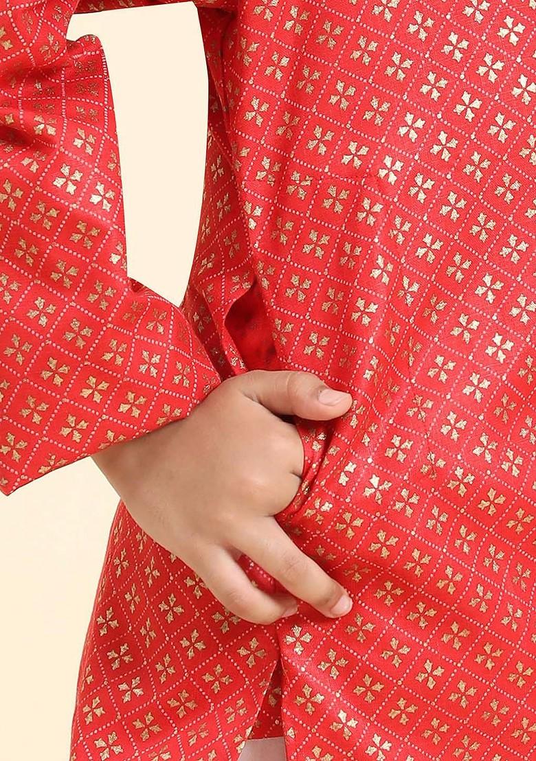 Maroon Printed Blended Kurta Set For Boys - Indya