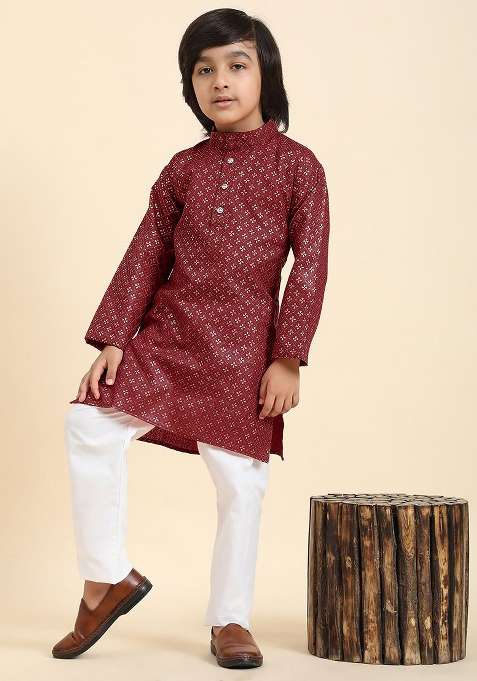 Maroon Printed Blended Kurta Set For Boys