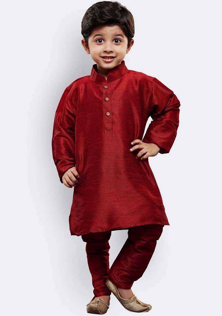 Maroon Embroidered Blended Kurta Set For Boys - Indya