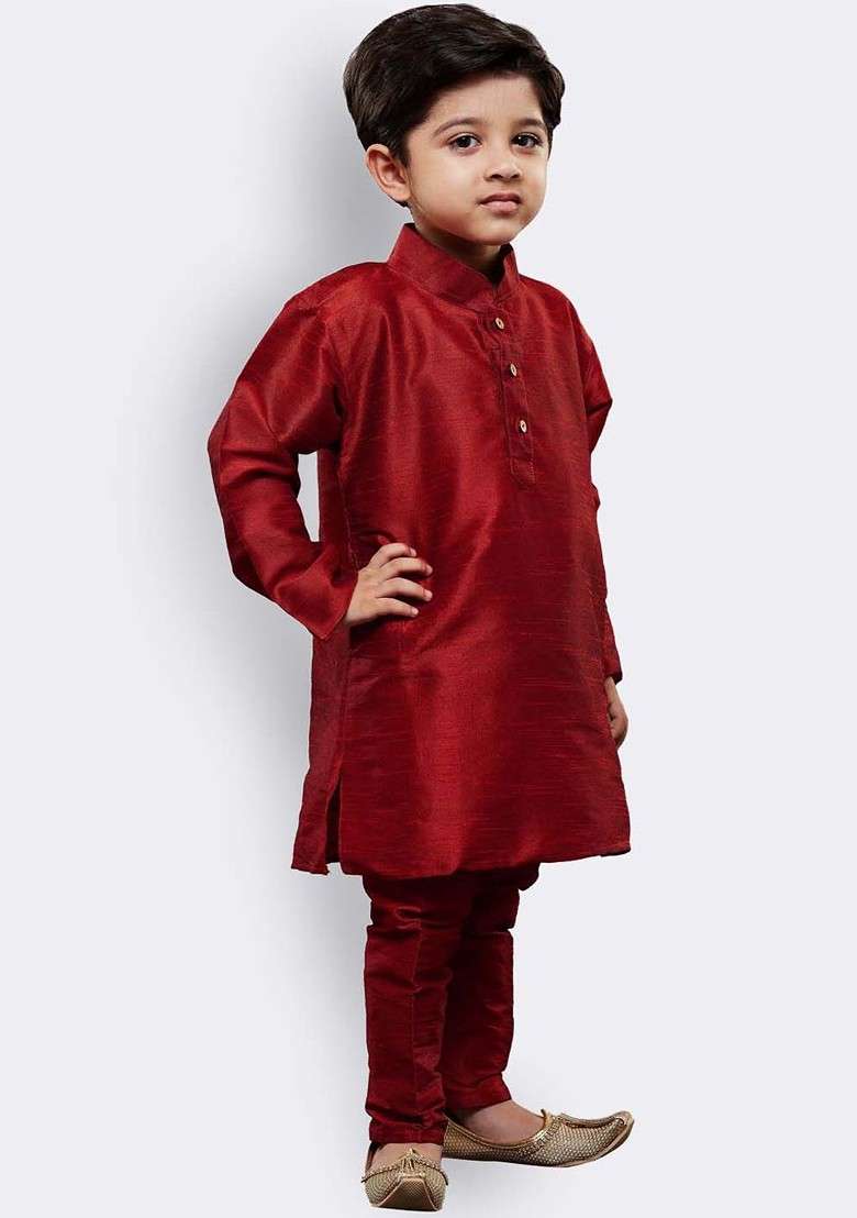 Maroon Embroidered Blended Kurta Set For Boys - Indya