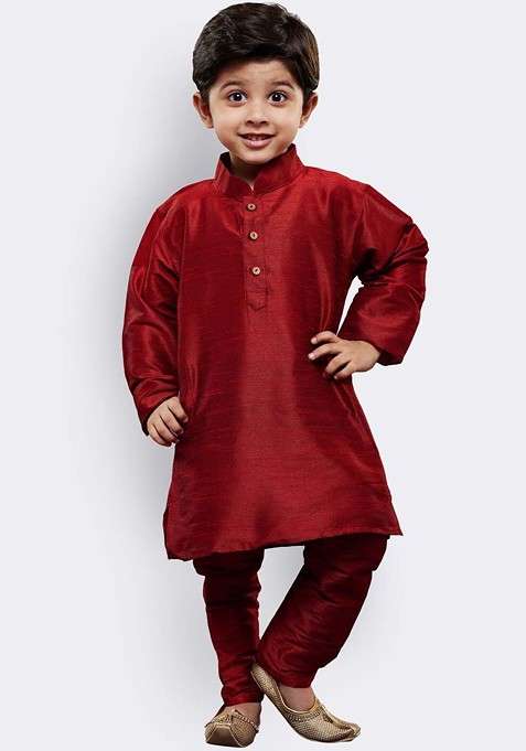 Maroon Embroidered Blended Kurta Set For Boys