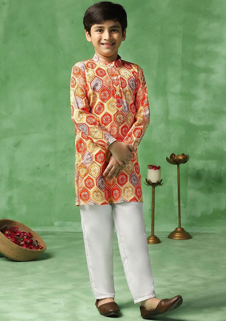 Orange Printed Blended Kurta Set For Boys - Indya