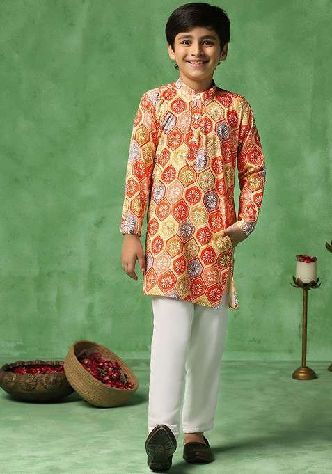 Orange Printed Blended Kurta Set For Boys