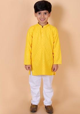 Yellow Embroidered Cotton Kurta Set For Boys