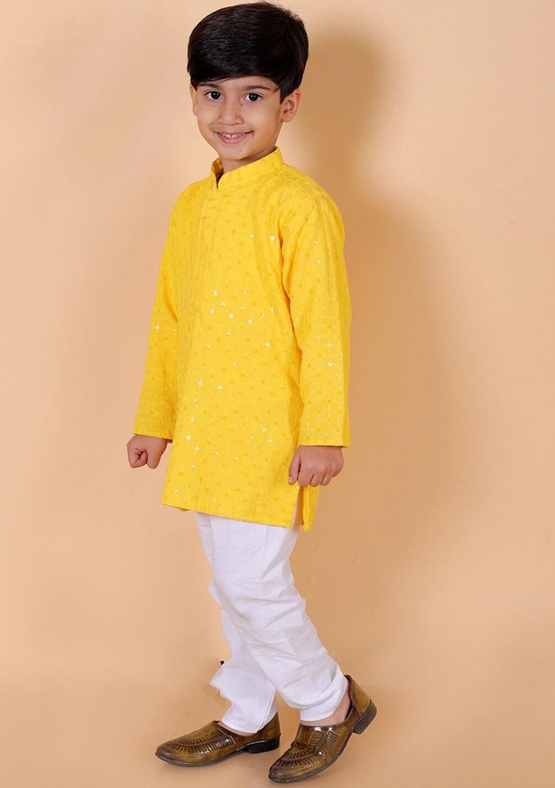Yellow Embroidered Cotton Kurta Set For Boys - Indya