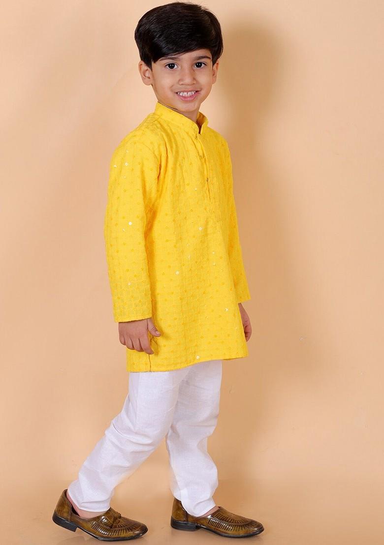Yellow Embroidered Cotton Kurta Set For Boys - Indya
