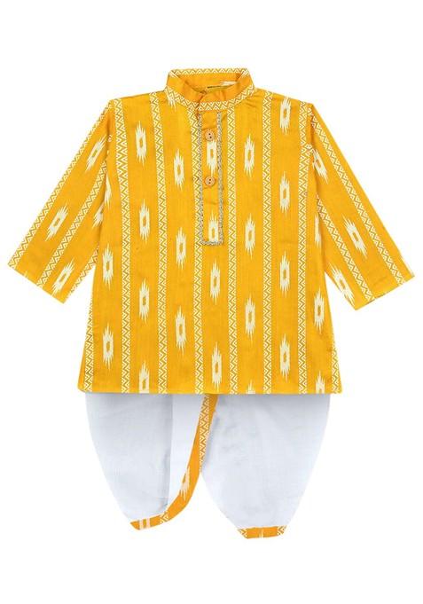 Yellow Printed Blended Kurta Dhoti Set For Boys — view on Indya