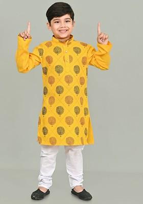 Yellow Printed Cotton Kurta Set For Boys