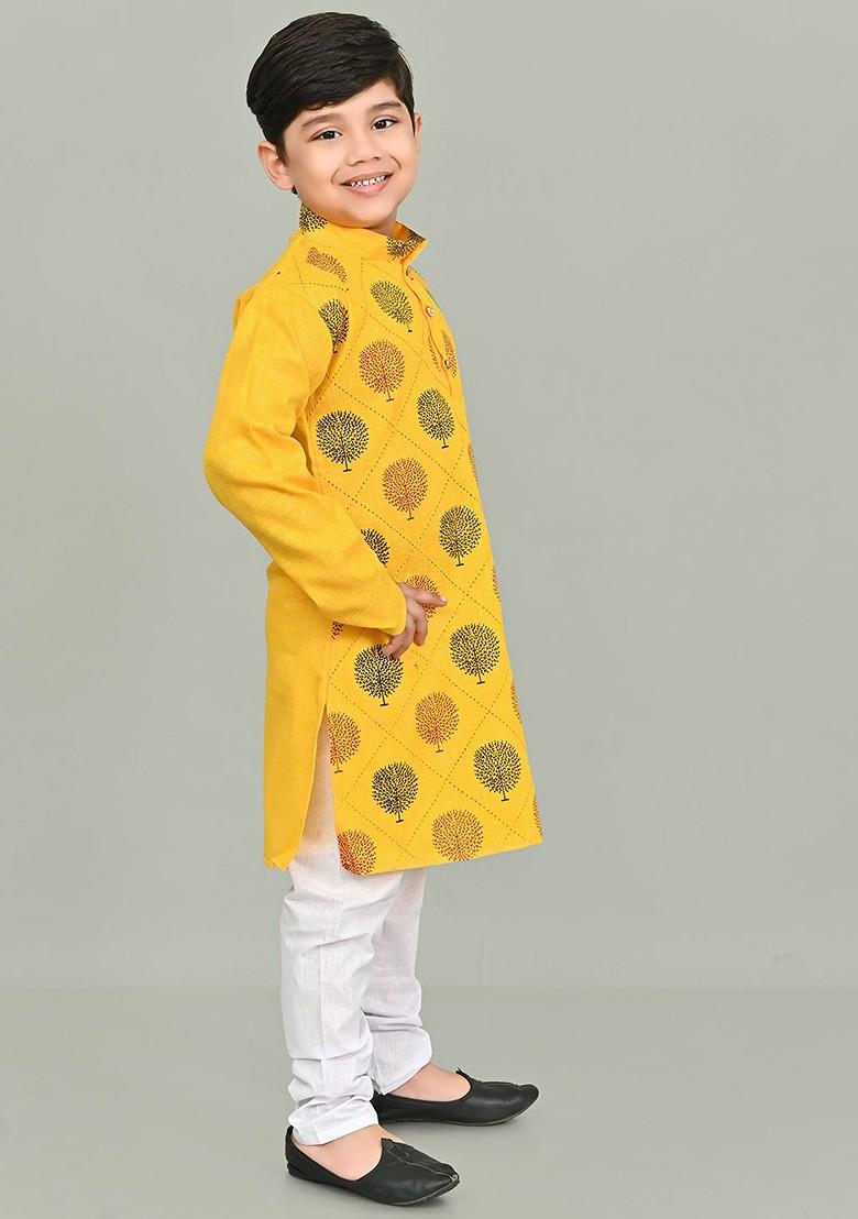 Yellow Printed Cotton Kurta Set For Boys - Indya