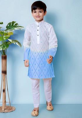 Blue Embroidered Cotton Kurta Set For Boys