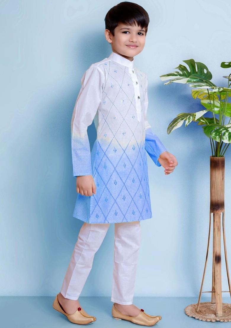 Blue Embroidered Cotton Kurta Set For Boys - Indya