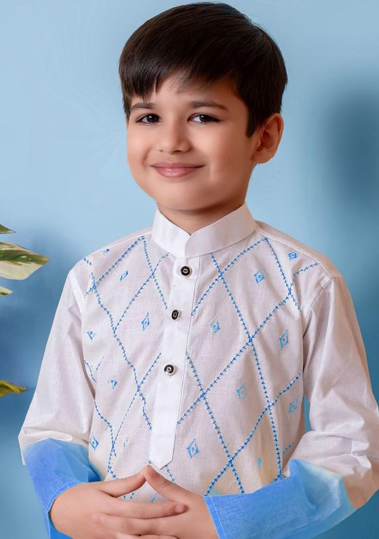 Blue Embroidered Cotton Kurta Set For Boys - Indya