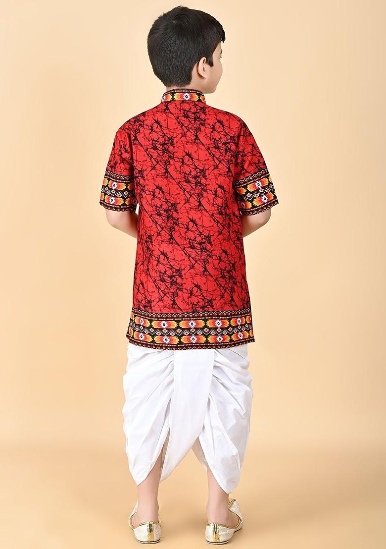 Red Printed Cotton Kurta Dhoti Set For Boys - Indya