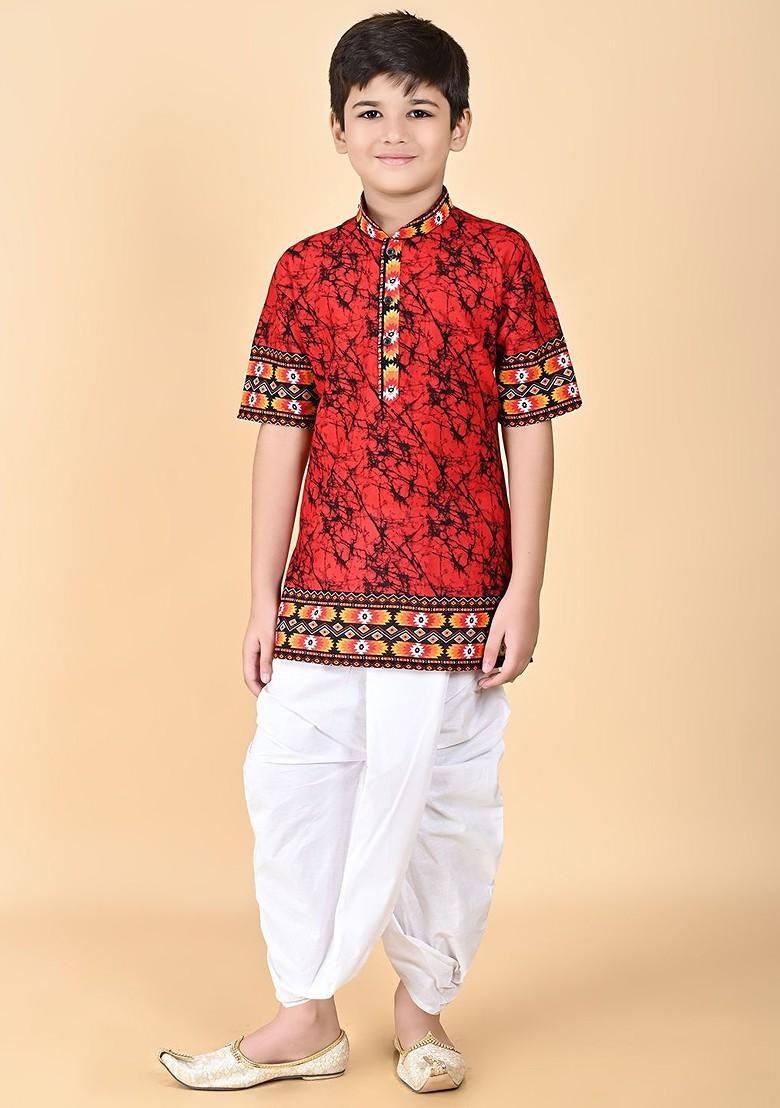 Red Printed Cotton Kurta Dhoti Set For Boys - Indya