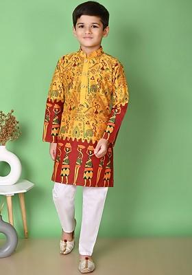 Yellow Printed Silk Kurta Set For Boys