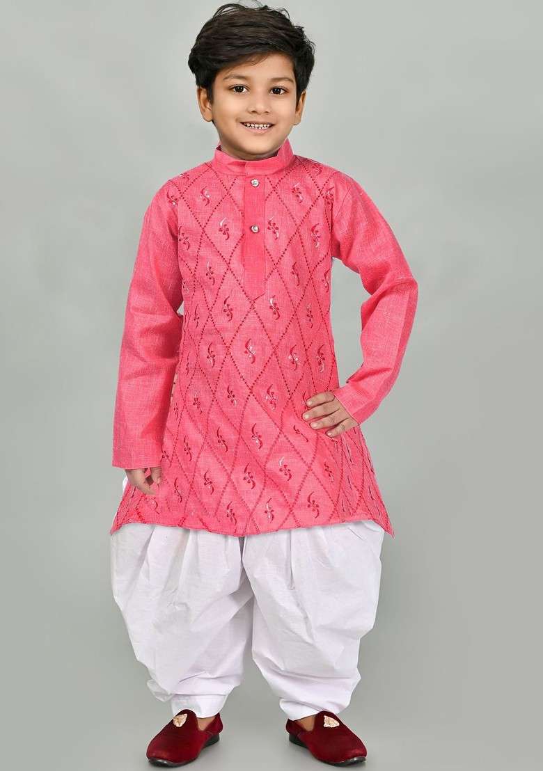 Pink Embroidered Cotton Kurta Set For Boys - Indya