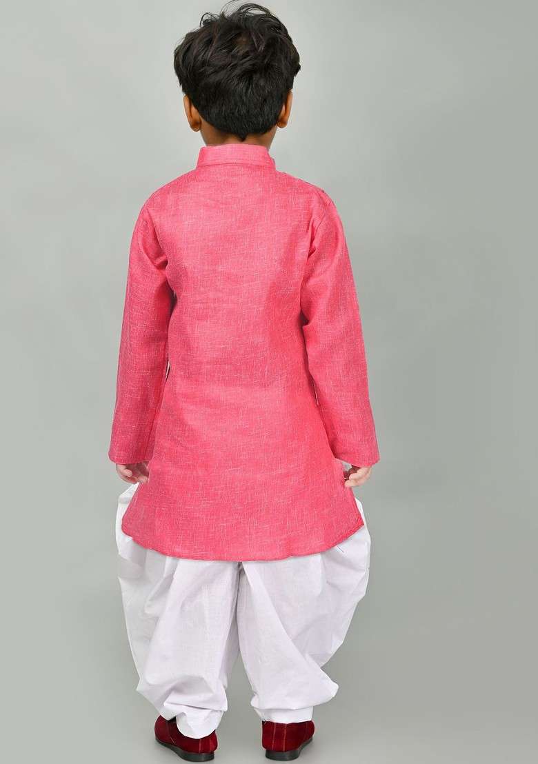 Pink Embroidered Cotton Kurta Set For Boys - Indya