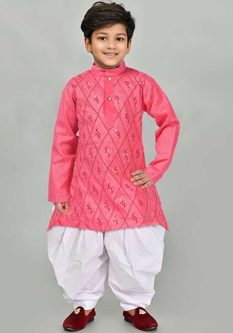 Pink Embroidered Cotton Kurta Set For Boys