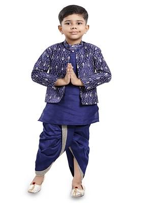Navy Blue Embroidered Blended Kurta Dhoti Set For Boys