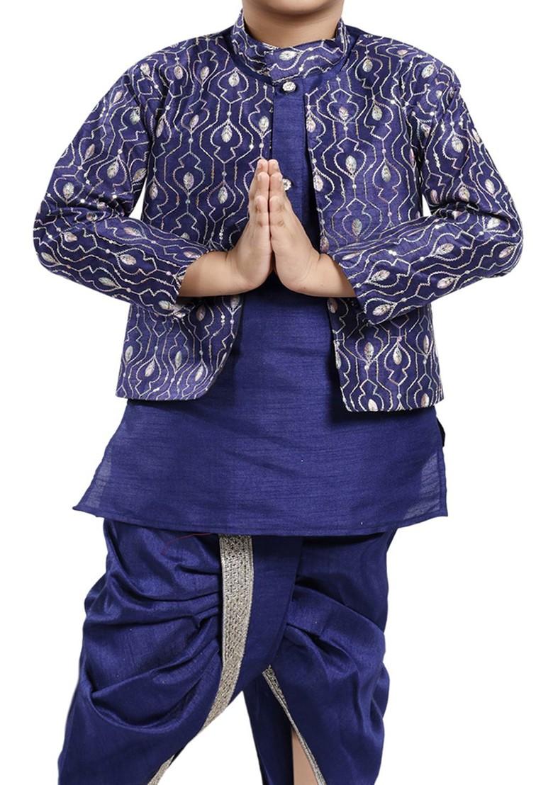 Navy Blue Embroidered Blended Kurta Dhoti Set For Boys - Indya