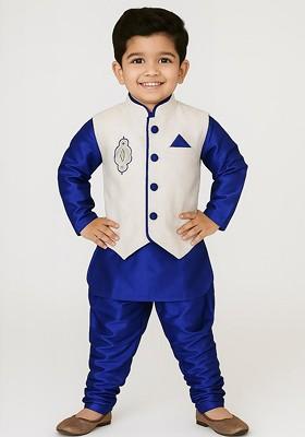 Blue Embroidered Blended Kurta Set For Boys