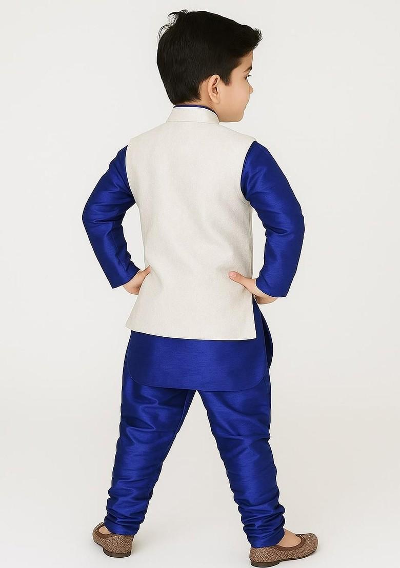 Blue Embroidered Blended Kurta Set For Boys - Indya