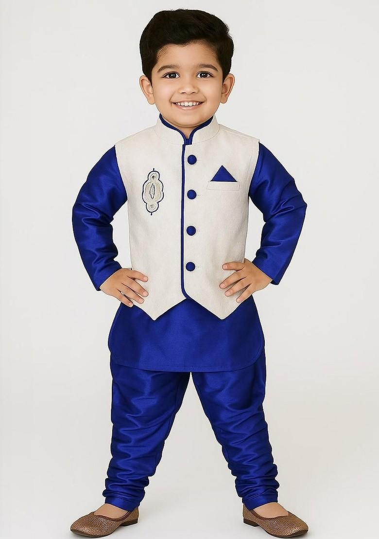 Blue Embroidered Blended Kurta Set For Boys - Indya