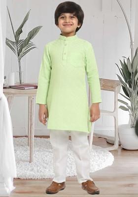 Green Embroidered Blended Kurta Set For Boys