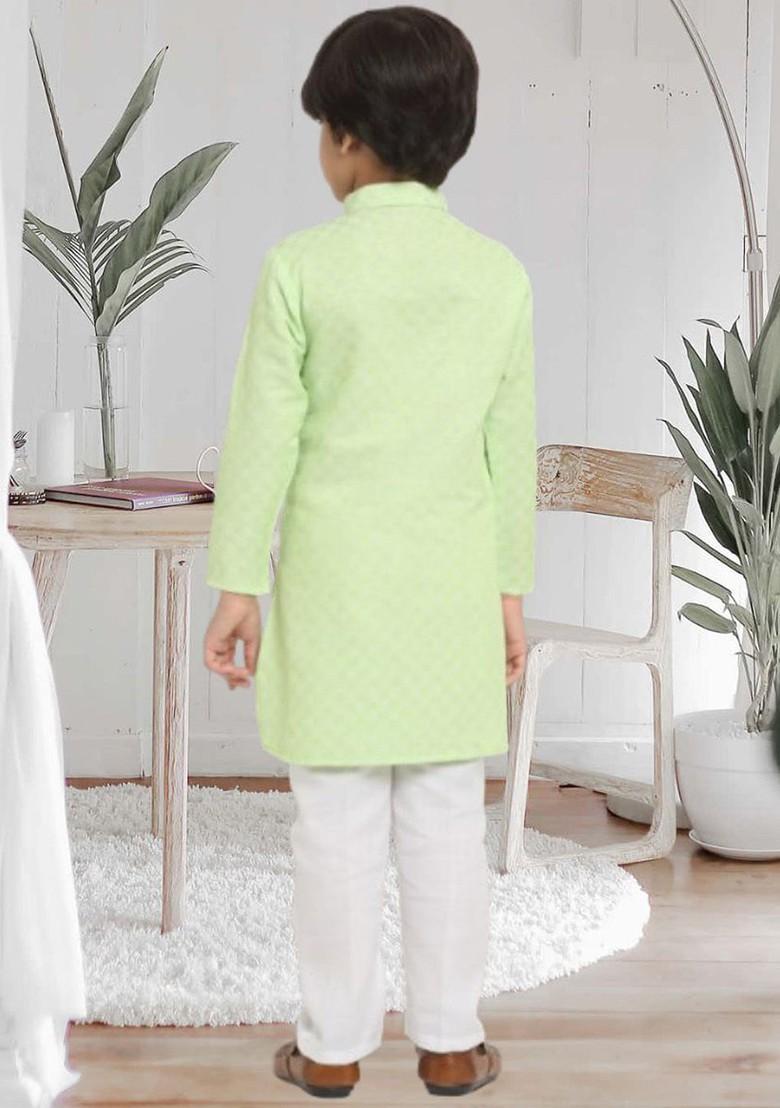 Green Embroidered Blended Kurta Set For Boys - Indya