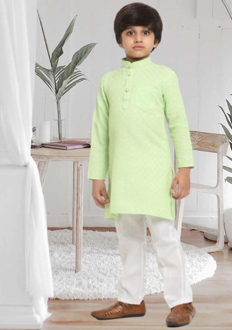 Green Embroidered Blended Kurta Set For Boys - Indya