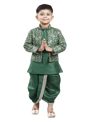 Green Embroidered Blended Kurta Dhoti Set For Boys