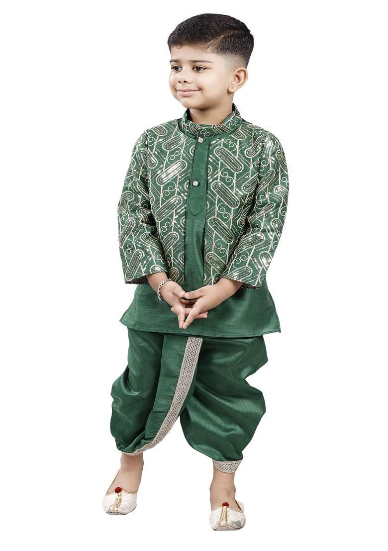 Green Embroidered Blended Kurta Dhoti Set For Boys - Indya