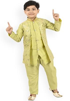 Lime Green Embroidered Silk Kurta Set For Boys