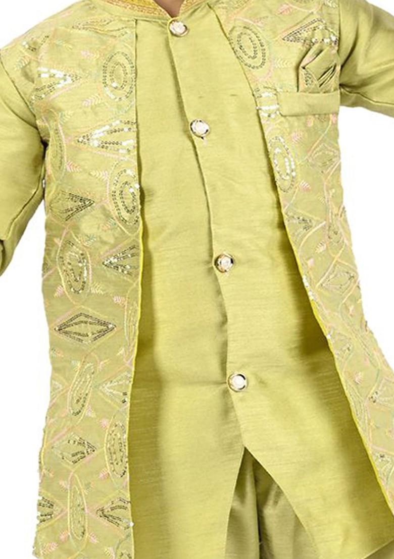 Lime Green Embroidered Silk Kurta Set For Boys - Indya