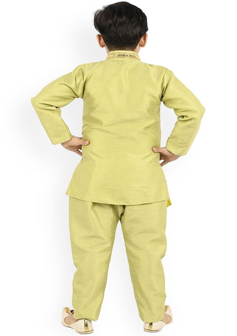 Lime Green Embroidered Silk Kurta Set For Boys - Indya