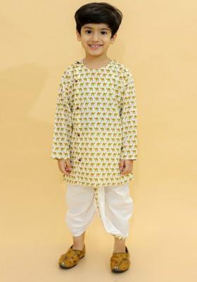 Olive Printed Cotton Kurta Dhoti Set For Boys