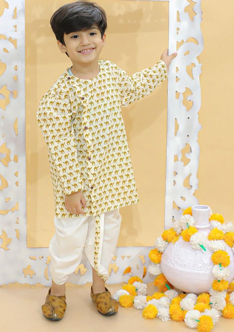 Olive Printed Cotton Kurta Dhoti Set For Boys - Indya