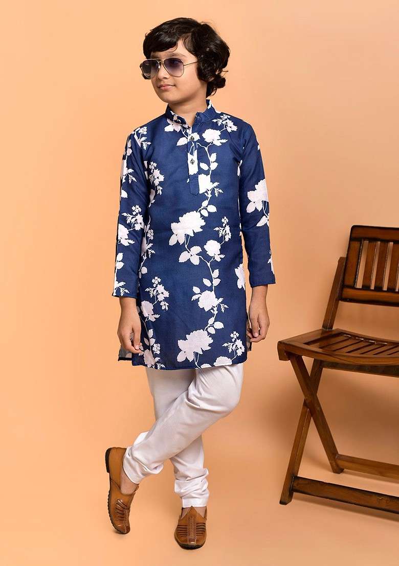 Blue Printed Blended Kurta Set For Boys - Indya