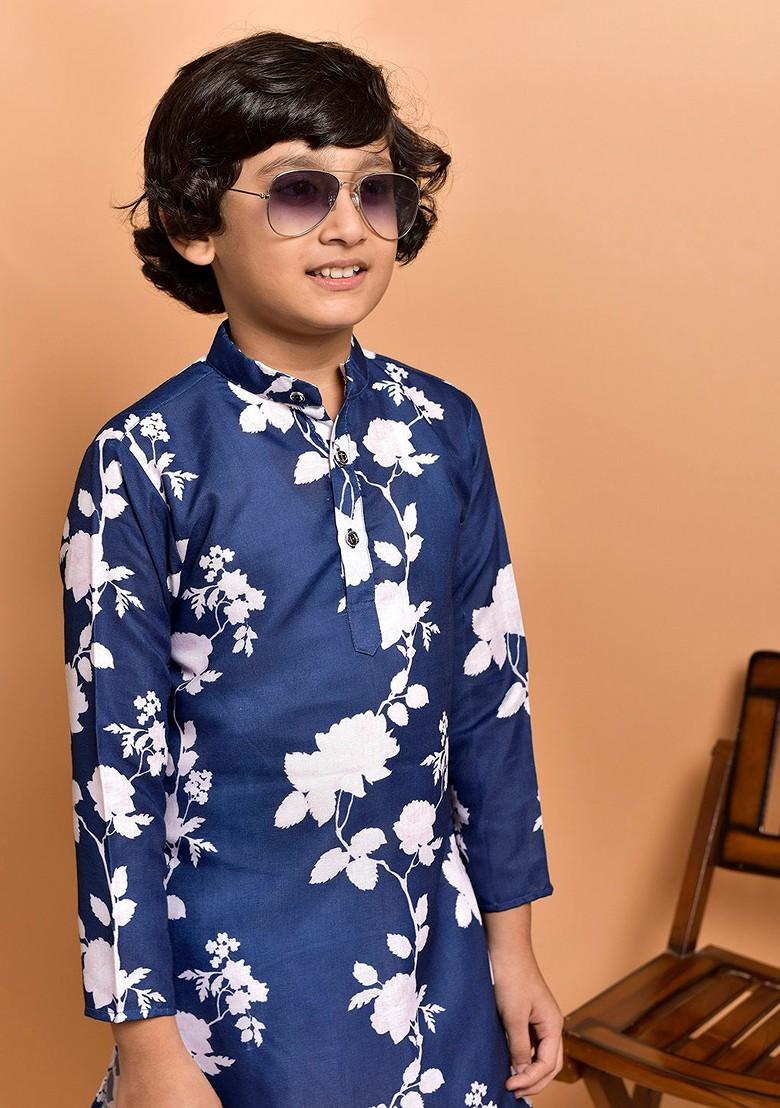 Blue Printed Blended Kurta Set For Boys - Indya