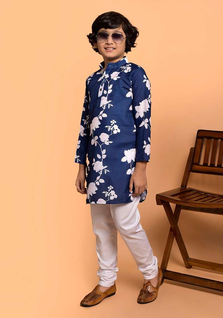 Blue Printed Blended Kurta Set For Boys - Indya