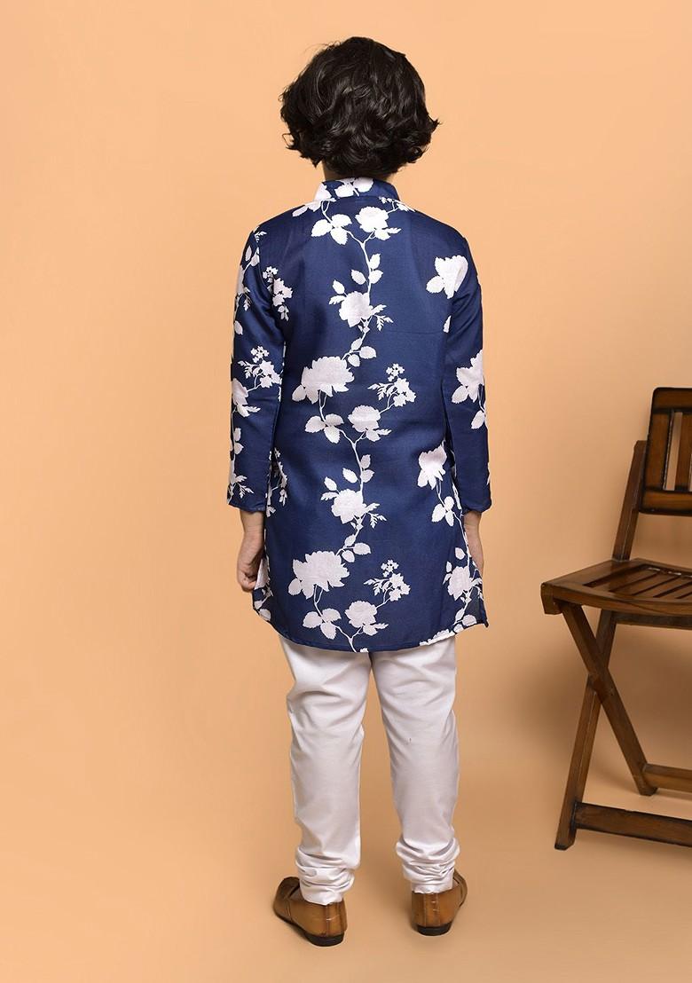 Blue Printed Blended Kurta Set For Boys - Indya