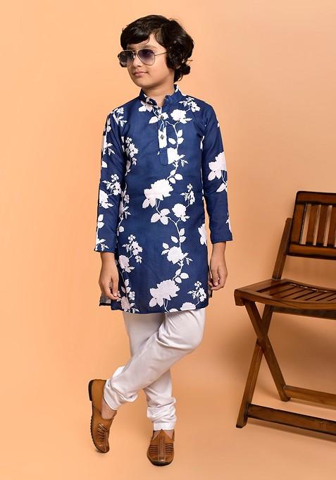 Blue Printed Blended Kurta Set For Boys — view on Indya