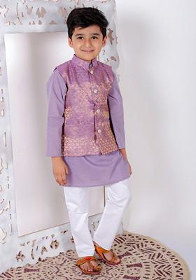 Purple Embroidered Cotton Kurta Set For Boys