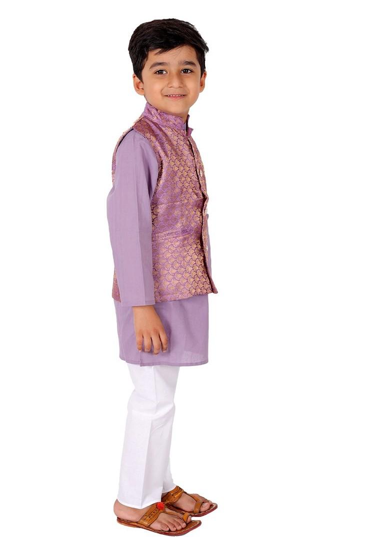 Purple Embroidered Cotton Kurta Set For Boys - Indya