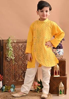 Yellow Embroidered Cotton Kurta Set For Boys
