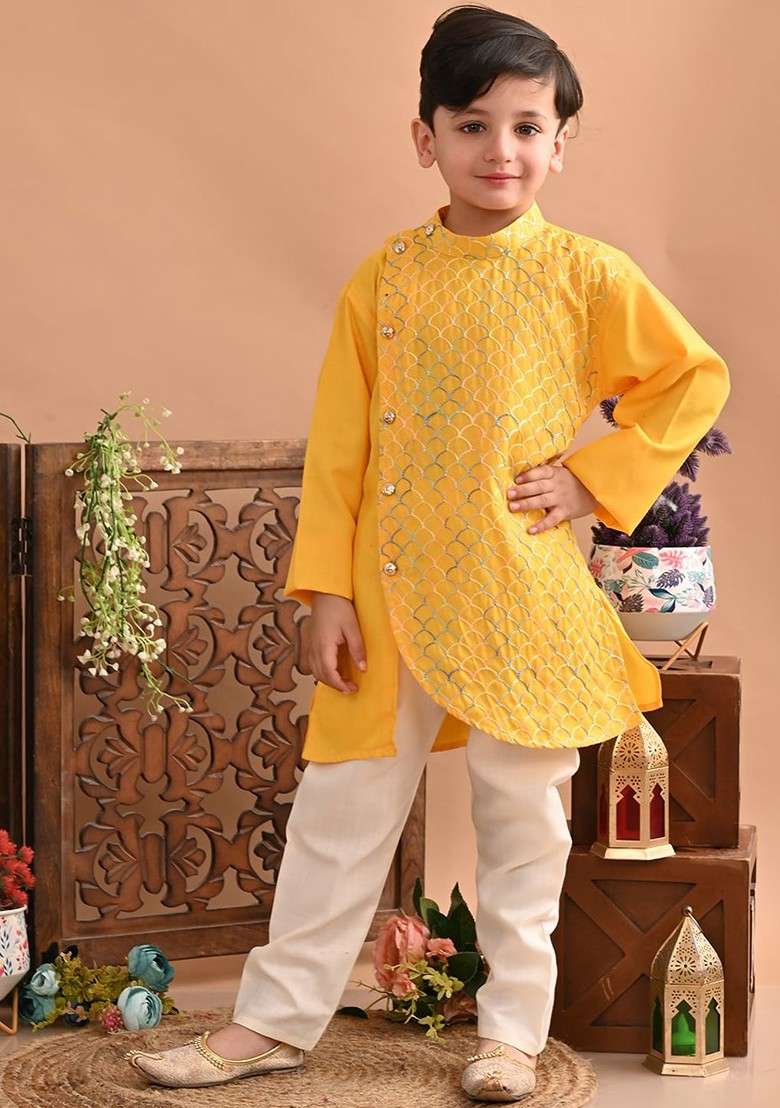Yellow Embroidered Cotton Kurta Set For Boys - Indya