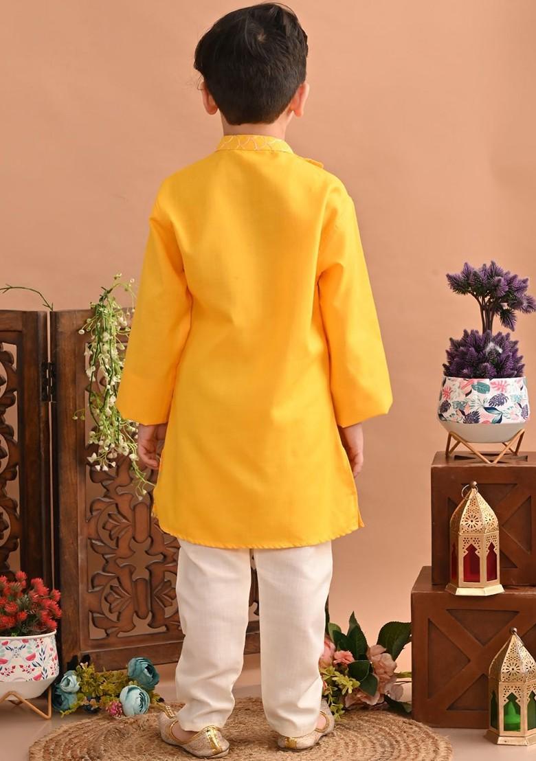 Yellow Embroidered Cotton Kurta Set For Boys - Indya